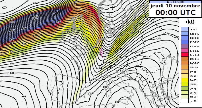 Animation of geopotential and wind speed at 300 hPa (approx. 9,000 m) from Thursday, 10 November, to Sunday, 13 November 2022; IFS model.