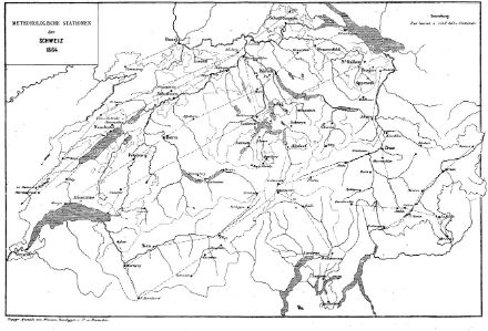 Historic map of Switzerland with 88 meteorological stations in 1864