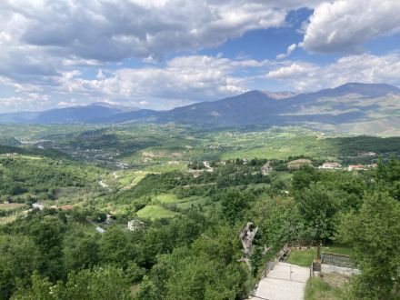 The photo shows a green landscape with hills and mountains in the background.