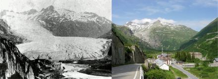 View from Gletsch (canton of Valais) of the Rhone Glacier in 1855/1856 and 2009.