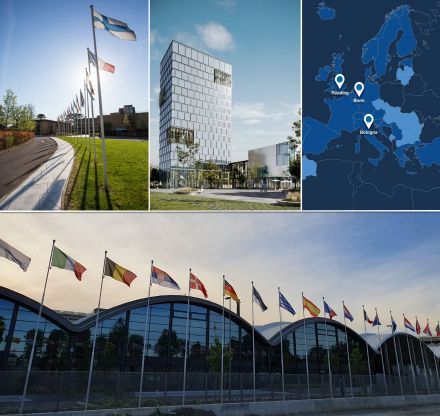 The ECMWF operates from three sites (upper right). The building of the ECMWF headquarter in Reading, England (upper left), the future building of the ECMWF site in Bonn, Germany (upper centre), and the data centre in Bologna, Italy (lower). Operations in Bonn were started in 2021, in Bologna in 2022.