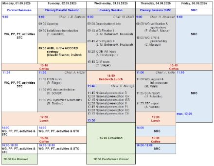 A conference schedule displayed in a table format, outlining sessions from Monday to Friday. It includes working groups, plenary sessions, a scientific management committee, an excursion, and social events like an ice breaker apéro and a conference dinner. The schedule is divided into morning, afternoon, and evening activities, with lunch breaks in between.