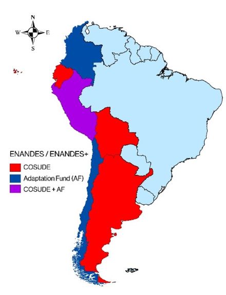A map of South America where the countries which are supported by the Projekt ENANDES and ENANDES+, respectively, are marked with color.