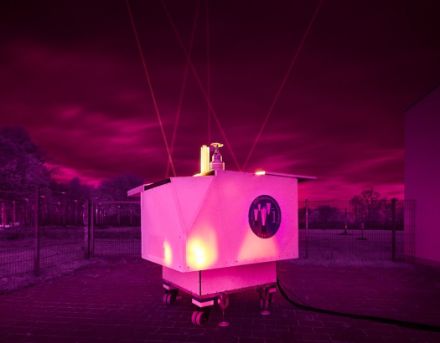 Lidar unit of the VAHCOLI system captured with an IR-sensitive camera. The EULIAA lidars are based on the same concept but are more compact and operate in the UV wavelength range.