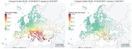 Karte von Europa mit eingefärbten Punkten (heisse Tage).