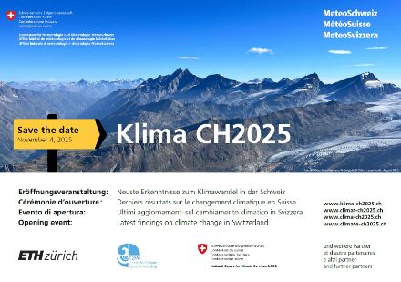 Save the date for “Climate CH2025” on 4 November 2025 at ETH Zurich. Topic: latest findings on climate change in Switzerland. Background: glacier landscape in Val Morteratsch.