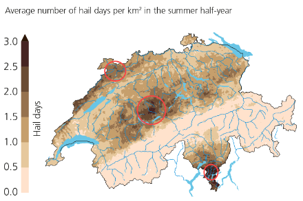 Map of frequency of hail events in Switzlerland, with approximate locations of the 80 new hail sensors.