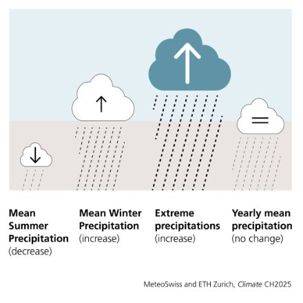 Diagram showing that in a 3-degree world, average summer precipitation (left) decreases, while winter precipitation (centre left) increases by. Precipitation extremes (centre right) increase. Annual average precipitation (right) remains unchanged.
