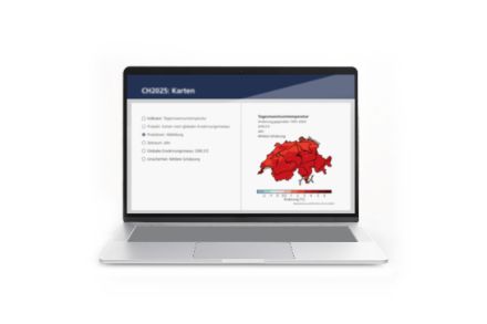 Laptop displaying a symbolic representation of the Climate CH2025 web atlas.