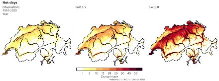 Three Swiss maps showing the average number of hot days per year. The first map shows the number of hot days for the reference period 1991–2020, while the second and third show a future world with global warming of 1.5 °C and 3 °C compared to pre-industrial times. A clear increase in the number of hot days can be seen as global warming increases.