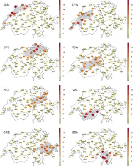 8 graphics each with 68 station names on a map of Switzerland. The weightings are shown in different colours. Outside the subregions, they are mostly below 2%, reaching 24% in the Valais and 14% in the other regions.
