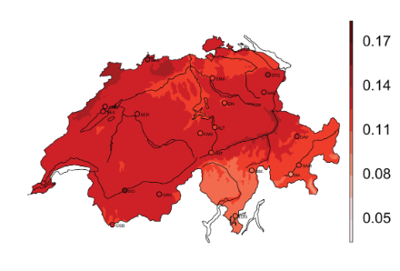 Swiss map, colour-coded in shades of red: from dark red in the north-west, where the temperature rose somewhat more sharply, to light red in Ticino, where the increase was smaller.