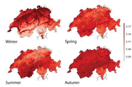  	A separate map of Switzerland is shown for each season. Depending on the region, the maps are coloured in light to dark red, indicating the extent of the warming.