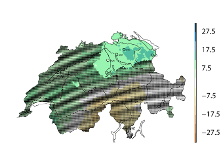  	Annual map of Switzerland; most areas are dotted to indicate that no significant change in annual precipitation was observed there. Only the northeastern Swiss plateau is coloured in green, where the precipitation amount increased significantly.