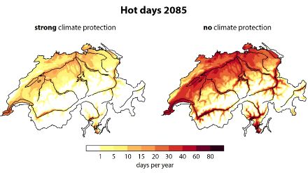  Two Swiss maps with colour-coded information on the development of the number of hot days if steps are taken to mitigate climate change, and if not.