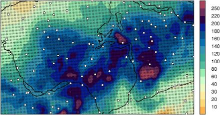  	The figure shows an example of a spatial climate analysis. The distribution of precipitation for August 21stand 22nd , 2005, is displayed on a map for a section of central Switzerland. Values range from 10 to 250 Millimeters. 