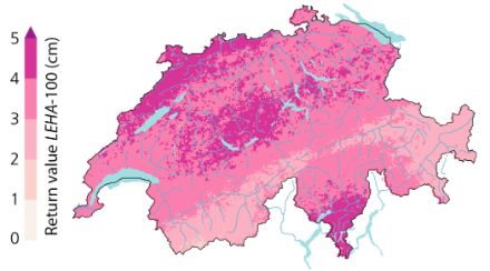 The figure is a map of Switzerland showing the return values of the hailstone size LEHA. In the Ticino, in the Napf region and along the Jura values reach the class of 4-5cm, in the Alpine regions of Grisons and Valais it is 2-3cm and in the other regions the 50-year return value is of the order of 3-4cm.