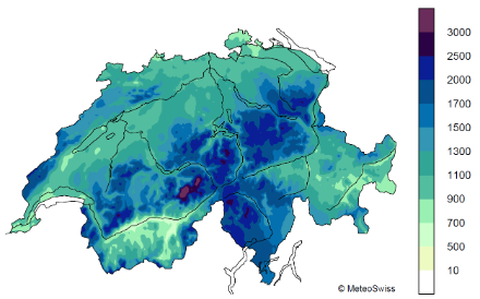 Map of Switzerland with colour-coded data on annual precipitation volume. Ticino, the Alps and the Alpine foothills have the largest volumes of precipitation (2,000 mm and more), and the Rhone Valley and Engadine have the least precipitation.