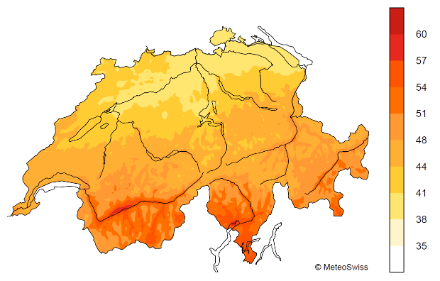 Map of Switzerland with colour-coded data on sunshine duration. Ticino and the Alpine valleys achieve 50% or more. In the northern part of central Switzerland the sun sometimes only shines for a third of the potential maximum time.