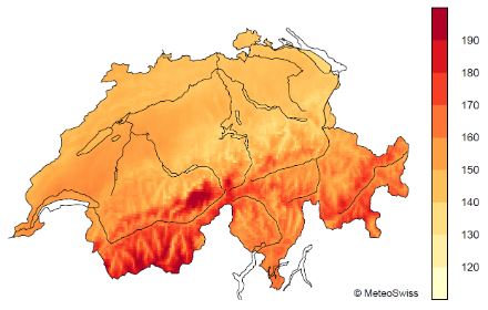 Map of Switzerland with colour-coded data on global radiation Over 180 Watt/m2 are achieved in the Alps and in the Engadine. In central Switzerland, the global radiation is between 130 and 160 Watt/m2.