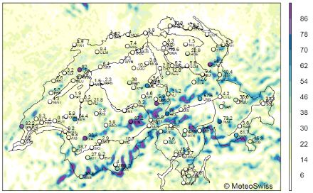 Map of Switzerland with colour-coded data on frequency of days with strong wind gusts