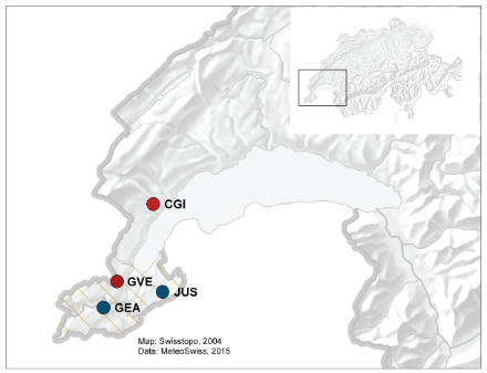 Map of Switzerland showing the village of Lully (black dot) and the nearest stations (blue and red dots).