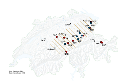 Map of Switzerland that shows the affected regions with hatched lines and the stations used for the analysis of the event and some Swiss cities with points.