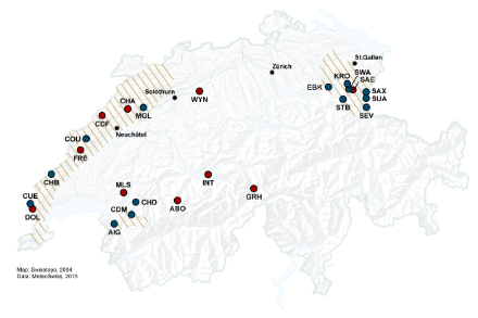 Map of Switzerland that shows the affected regions with hatched lines and the stations used for the analysis of the event and some Swiss cities with points.