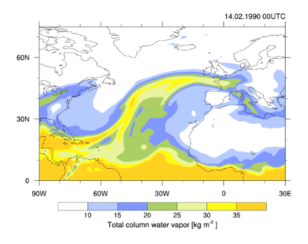 Map of Europe and the Atlantic Ocean showing the total column water vapor with colors. We see a band of very moist air stretching over the middle of the North Atlantic Ocean and arriving towards Switzerland from the north-west.