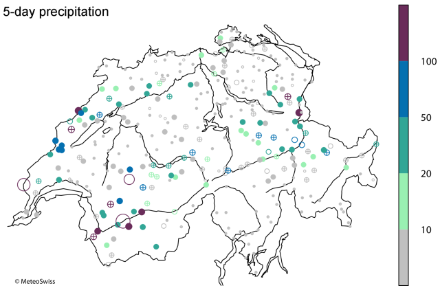 Map of Switzerland with, in colored circles, the return periods of the 5-day precipitation between 10 and 15 February 1990.
