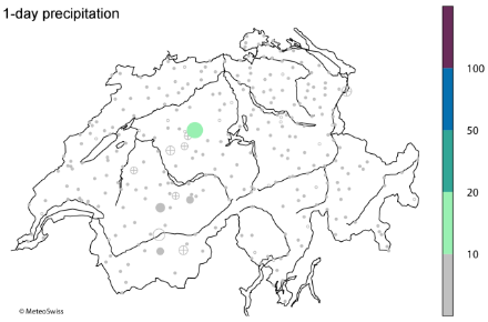 Map of Switzerland with, in colored circles, the return periods of the largest 1-day precipitation between 24 and 28 July 2014.