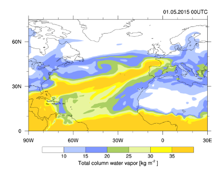 Map of Europe and part of the Atlantic showing the total column water vapor with colors. We see a band of very moist air stretching over the Atlantic towards western Europe.