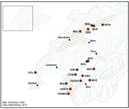 Map of Switzerland that shows the affected regions with hatched lines and the stations used for the analysis of the event and some Swiss cities with points.