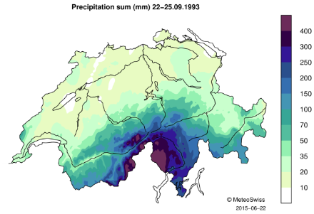 Map of Switzerland showing the 4-day precipitation sum with color shading.