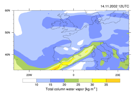 Map of Europe and part of the Atlantic showing the total column water vapor with colors. We see a band of very moist air stretching over the Atlantic, the coast of north-western Africa and the Mediterranean, arriving towards Switzerland from the south-west.