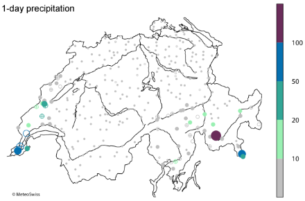 Map of Switzerland with, in colored circles, the return periods of the 1-day precipitation for 14 November 2002