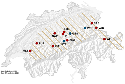 Map of Switzerland that shows the affected regions with hatched lines and the stations used for the analysis of the event with dots.