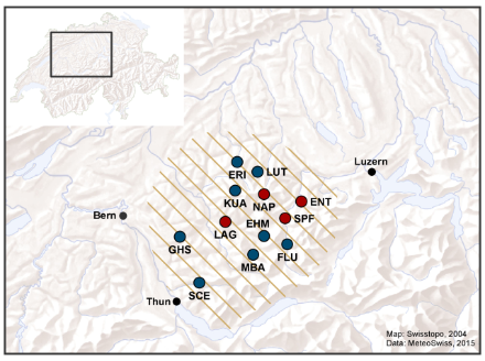 Map of Switzerland that shows with the affected regions with hatched lines and the stations used for the analysis of the event and some Swiss cities with dots.