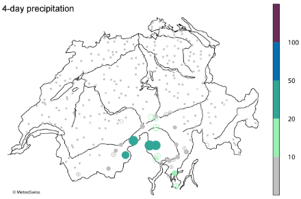 Map of Switzerland with, in colored circles, the return periods of the 4-day precipitation between 22 and 25 September 1993.