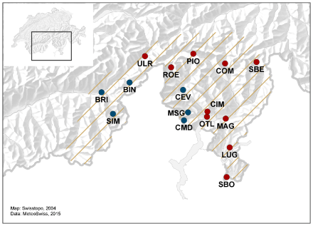 Map of Switzerland that shows  the affected regions with hatched lines and the stations used for the analysis of the event with dots.