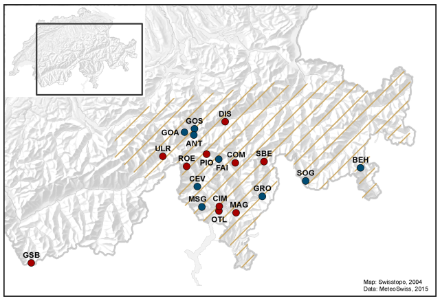 Map of Switzerland that shows the affected regions with hatched lines and the stations used for the analysis of the event with dots.