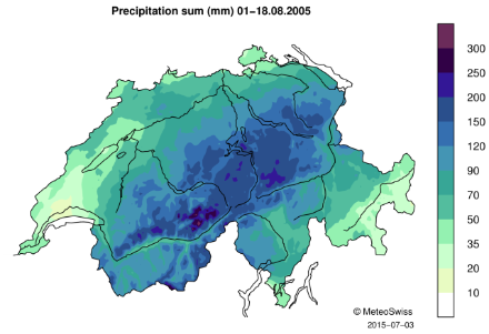 Map of Switzerland showing the precipitation sum with color shading.