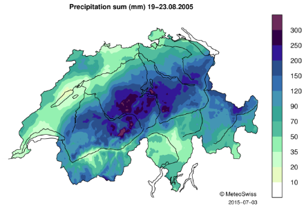 Map of Switzerland shading showing the 5-day precipitation sum with color shading.