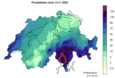 Map of Switzerland showing the daily precipitation amounts with color shading.