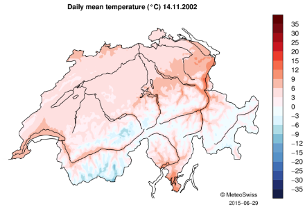 Map of Switzerland with color shading showing daily mean temperature.