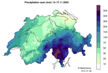 Map of Switzerland showing the 5-day precipitation sum with color shading.