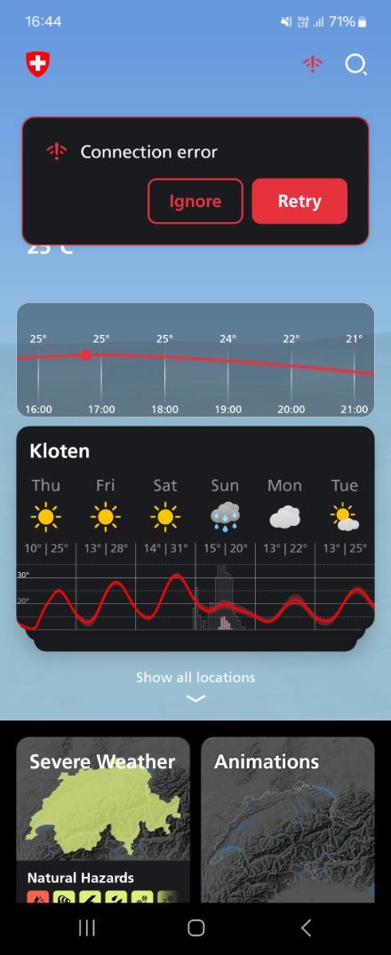 The app is not loading any data (red ‘!’).