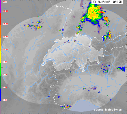 Colour-coded map section of Switzerland and neighbouring regions. The colours denote the precipitation amounts in mm per hour.