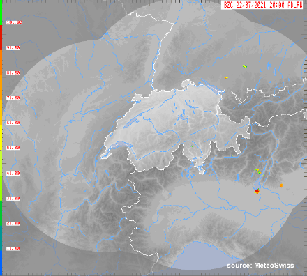 Colour-coded map section of Switzerland and neighbouring regions. The colour coding denotes the probability of hail, expressed as a percentage.