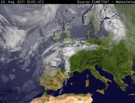 Satellite image of Europe showing cloud cover over north-western Europe.